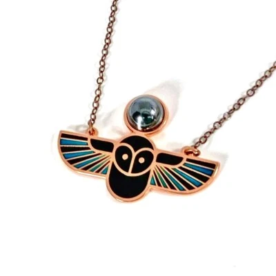 NEW! Amar&Riley “MINERVA” OWL NECKLACE w/ HEMATITE CABOCHON — Copper + 20” Chain - Image 1 of 4