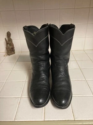 BLACK OSTRICH COWBOY LARRY MAHAN ENGINEER WESTERN LEATHER TRAIL BOSS BOOTS 9 D - Image 1 of 4