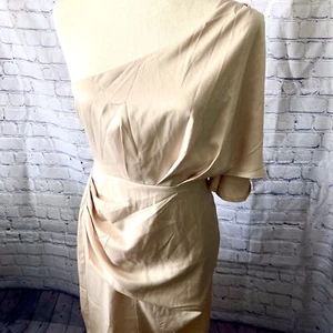 Cupshe One Shoulder Dress Sz S NWT Beige Tan Ruched Hip Front Slit Club Pin Up - Picture 1 of 14