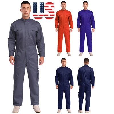 Men Work Overall Stand Collar Pockets Zipper Long Bodysuit Mechanic Work Uniform - Image 1 of 4