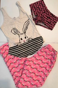 Fruit of the Loom Gray Pink Bunny Rabbit Sleepwear Tank Top Shorts Pants XS 3 Pc - Picture 1 of 9