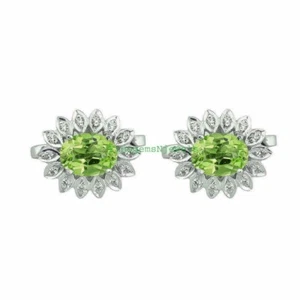 Natural Peridot & CZ Gemstones with 925 Sterling silver Cufflinks for men's #443 - Picture 1 of 3