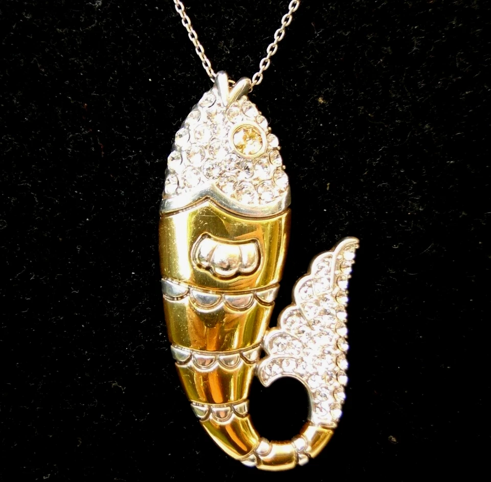Brighton Ocean Dream Large Fish Gold Crystal Reversible Long Necklace NWTag