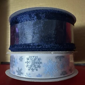 2 Christmas Snowflake Print 7/8” 30’ Navy Velvet 1.5” 20’ Ribbon Celebrate It - Picture 1 of 4