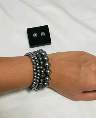 Женские элегантные ювелирные наборы серый жемчуг бисером браслет серьги-гвоздики олово - Изображение 1 из 2