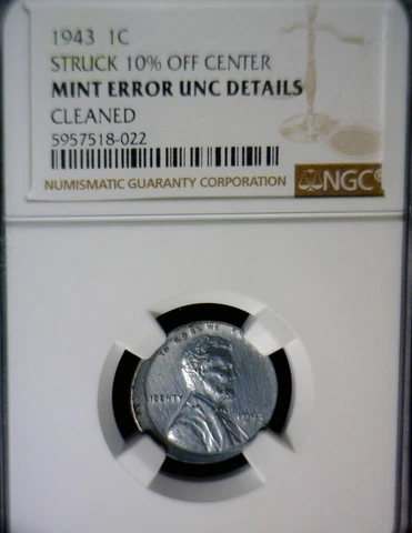 1943 ERROR NGC UNC. / BU OFF CENTER STEEL Lincoln Wheat Cent Coin NICE O/C  NR Cover