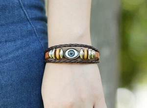 Sin usar en paquete - ""mal de ojo"" Cuerda de cuero Cuerda de cera Cuerda ajustable cierre a presión Pulsera de cuero #2 - Imagen 1 de 4