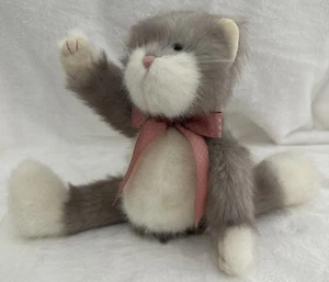 Boyds Bears 2006 Gray White Jointed Cat Kitten Plush Stuffed Toy 12” Pink Bow - Picture 1 of 15