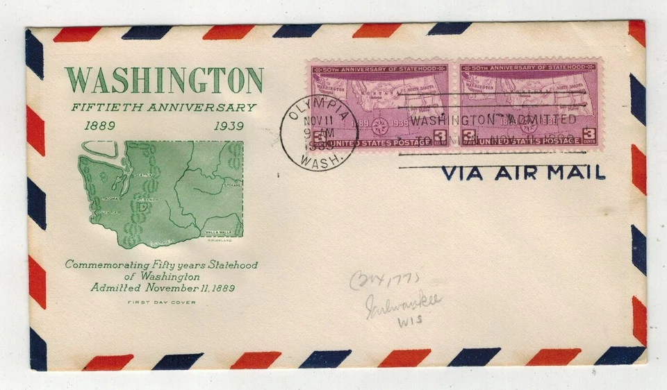 1939 GRIMSLAND FDC 858-16D.1 OLYMPIA WASHINGTON AIRMIAL BORDER VARIETY - Image 1 of 1