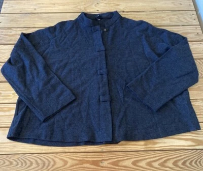 Eileen Fisher 女式纽扣羊毛上衣 M 码灰色 CC — 第 1/4 张图片