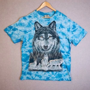 Vintage 90s Rock Eagle Wolf T-Shirt Men’s Size L Blue Tie Dye Nature Graphic Tee - Picture 1 of 8
