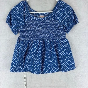 Cat &Jack Smocked Peplum Top Girls Large 10/12 Sleeve Patriotic Blue White Stars - Picture 1 of 6