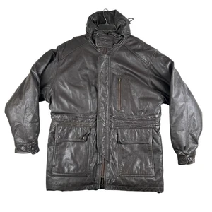 Vintage Leather Jacket Mens Large Brown Hooded Parka Coat Quilted Lined 90s - Picture 1 of 16