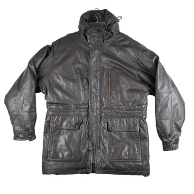 Vintage Leather Jacket Mens Large Brown Hooded Parka Coat Quilted Lined 90s - Image 1 of 4