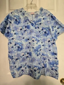 Cherokee Scrub Top size L-Blue/White Floral V-neck-Chest 25.5"/L 29" - Picture 1 of 4