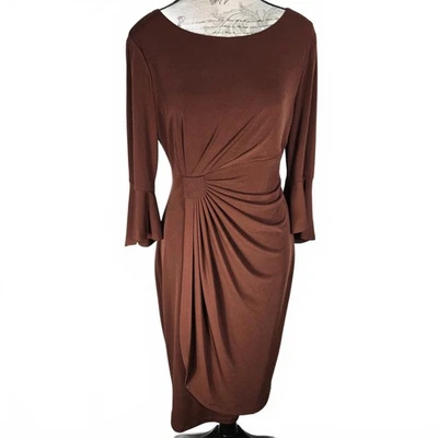 Connected Apparel Ruched Women's Size 6 Bell Sleeved Jersey Sheath Midi Dress  - Image 1 of 4