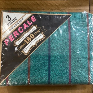 Set lenzuola gemelle vintage nuove vecchio stock Harvard Textiles percalle blu e verde - Foto 1 di 12