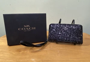 Coach Star Glitter Corner All Around Zip Wristlet Wallet Clutch Black Silver - Picture 1 of 11