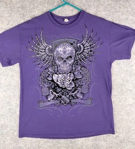 VTG Skull Wings & Rose T-Shirt Purple Mens Size Large Grunge Gothic Y2K 20.5x28 - Picture 1 of 9