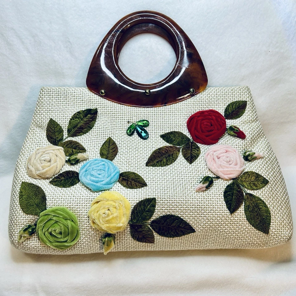 Bolso de Mano Floral Vintage con Rosas de Terciopelo y Asas Lucite Cottagecore Foto 1 de 4