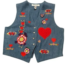 Vintage Karen Scott Denim Vest Embroidered Hearts & Flowers - Size S - Picture 1 of 8