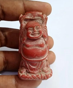 Antique Natural Coral Gemstone Carved Laughing Buddha For Good Luck WATCH VIDEO - Picture 1 of 15