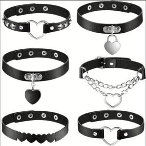 6-Pack Gothic Punk Black Leather Choker Set - Heart & Chain Designs Y2K - Picture 1 of 7