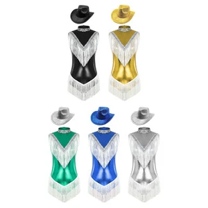 Womens Bodysuit Latin Tassel Cowboy Leotard Metallic Costumes Fringed Dancewear - Picture 1 of 72