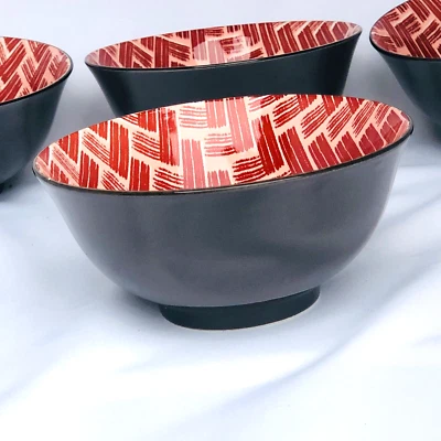 Cuenco de gres esmaltado KitchenCraft pasta de cereales duradero 6" gris con remolinos rojos x4 Foto 1 de 4