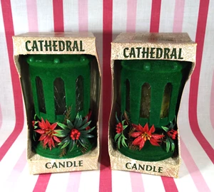 Fab 1960's Christmas Green Flocked 2pc Cathedral Candle Holders w/Original Boxes - Picture 1 of 21