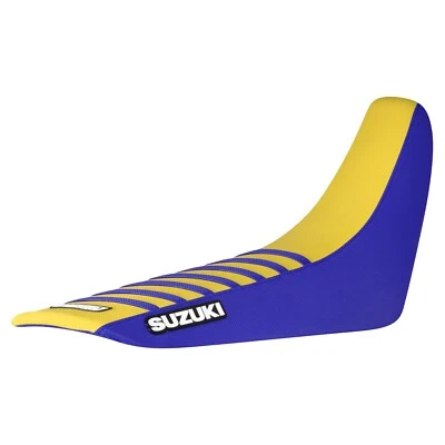 Cubierta de asiento con pinza para Suzuki DR 650 2001-2024 AZUL/AMARILLO/AZUL costillas #244 logotipo Foto 1 de 4
