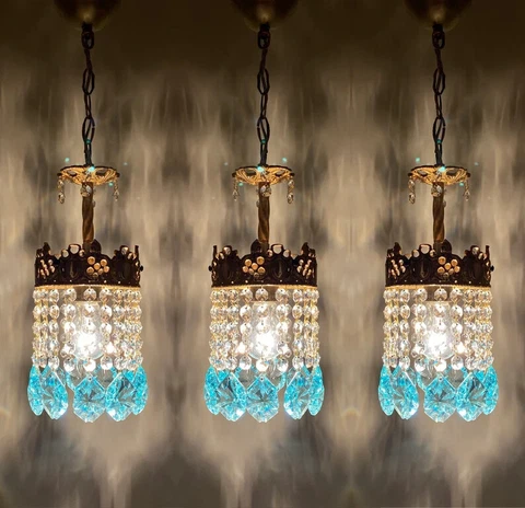 3Antique Vintage Chandelier Brass Crystal Ceiling Lamp Light Pendant Glass1950 Cover