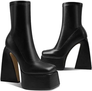 💋 Sexy Cuero LQQK Gótico Chucky Plataforma Tacones Medio Pantorrilla Tobillo Calcetín Botas - Imagen 1 de 6