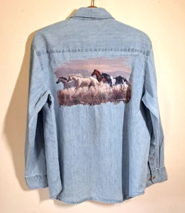 Camisa Shambray Azul Mujer XL Arte para Usar Caballo/James Hautman Manga Larga Butt Up - Imagen 1 de 10