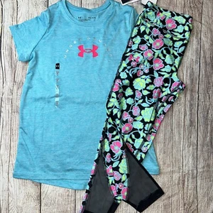 Under Armour Youth Large (14/16) Blue Pink Crop Legging Outfit Set NEW - Picture 1 of 1