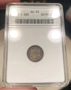 1858 Three Cent Silver graded AU53 by ANACS Soapbox Holder Toned Original - Picture 1 of 2