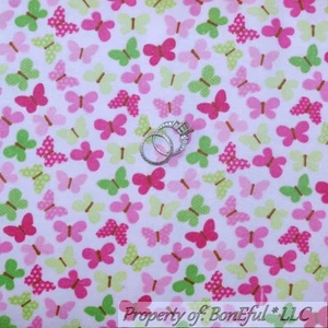 BonEful Fabric FQ Cotton Quilt Flannel Pink Green BUTTERFLY Breast Cancer Girl S - Picture 1 of 11