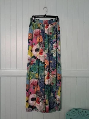 Pantalones de rayón de pierna ancha Jams talla L cintura elástica estampado exuberante  Foto 1 de 4