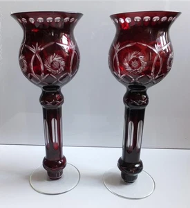 Pair Mid Century Bohemian Glass Vases: Ruby Cased with cut to clear decoration - Picture 1 of 8