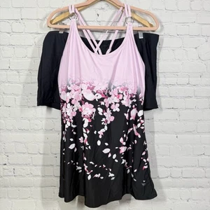 Swimming Suit Tankini 2 Piece Top Short Women Plus Size 2X Floral Pink Stretch - Picture 1 of 16