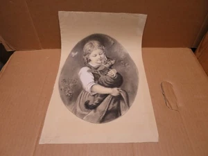 Grand dessin au crayon fillette et son chat 1899 - Picture 1 of 2