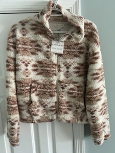Pink Rose Juniors Long Sleeve Faux Fur Sherpa Zip Up Jacket Stone Aztec Sz Small - Picture 1 of 6