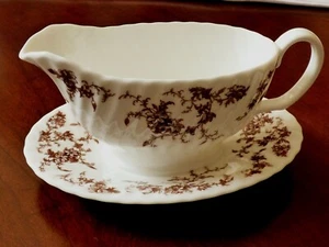 Minton Ancestral Gravy Boat England Bone China Brown on White Floral pattern - Picture 1 of 10