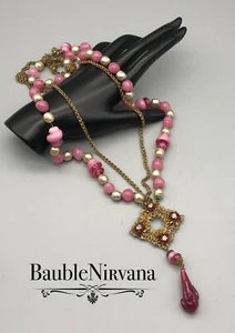 Estate Fresh Vintage Miriam Haskell Pink Gripoix Glass Drop Beads Necklace - Picture 1 of 10