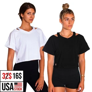 Women Semi Crop T Shirt Sports Gym Fitness Yoga Crop Top Tee Dropped Shoulder - Picture 1 of 11