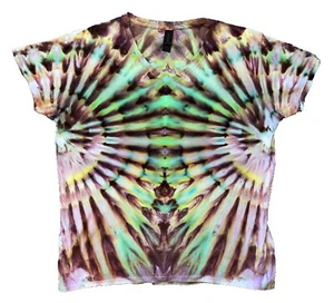 Fan Fold Ice Tie Dye T-Shirt, Women's XL SS V Neck, Purple & Green - Picture 1 of 6