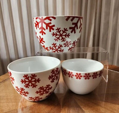 Crate & Barrel 3 Piece Nesting Bowl Set White with Red Snowflakes Holiday Winter - Image 1 of 4
