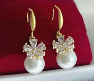 Luxus Perlen Ohrringe Blume Hänger Kristall 585er Gold 14K vergoldet 32mm - Bild 1 von 12