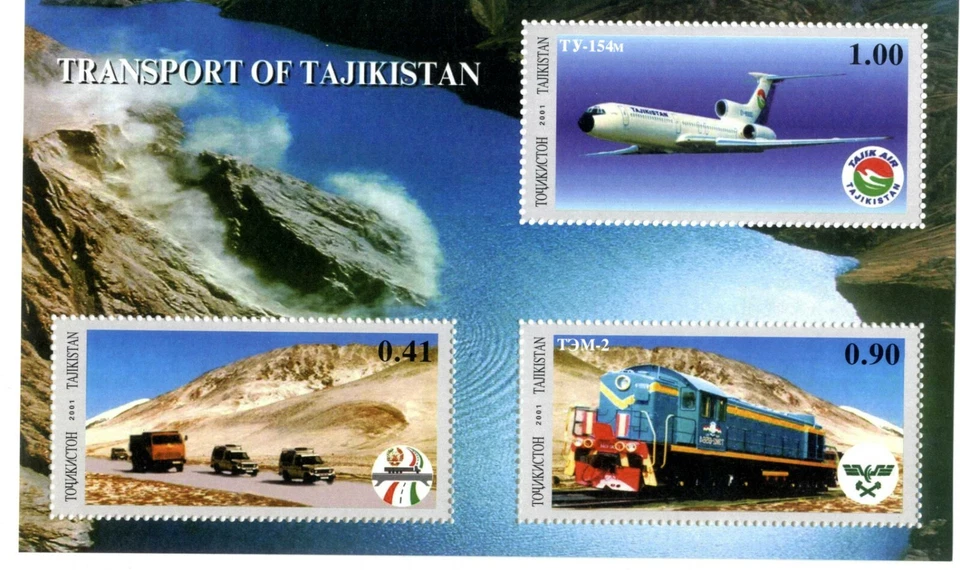 Hojita bloque sellos Transportes de Tajikistan año 2001 stamps train airplant  - Imagen 1 de 1