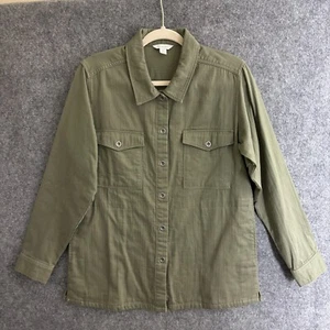 Garnet Hill Jacket Womens 8 Olive Green Herringbone Shirt Jacket Shacket Pockets - Picture 1 of 12